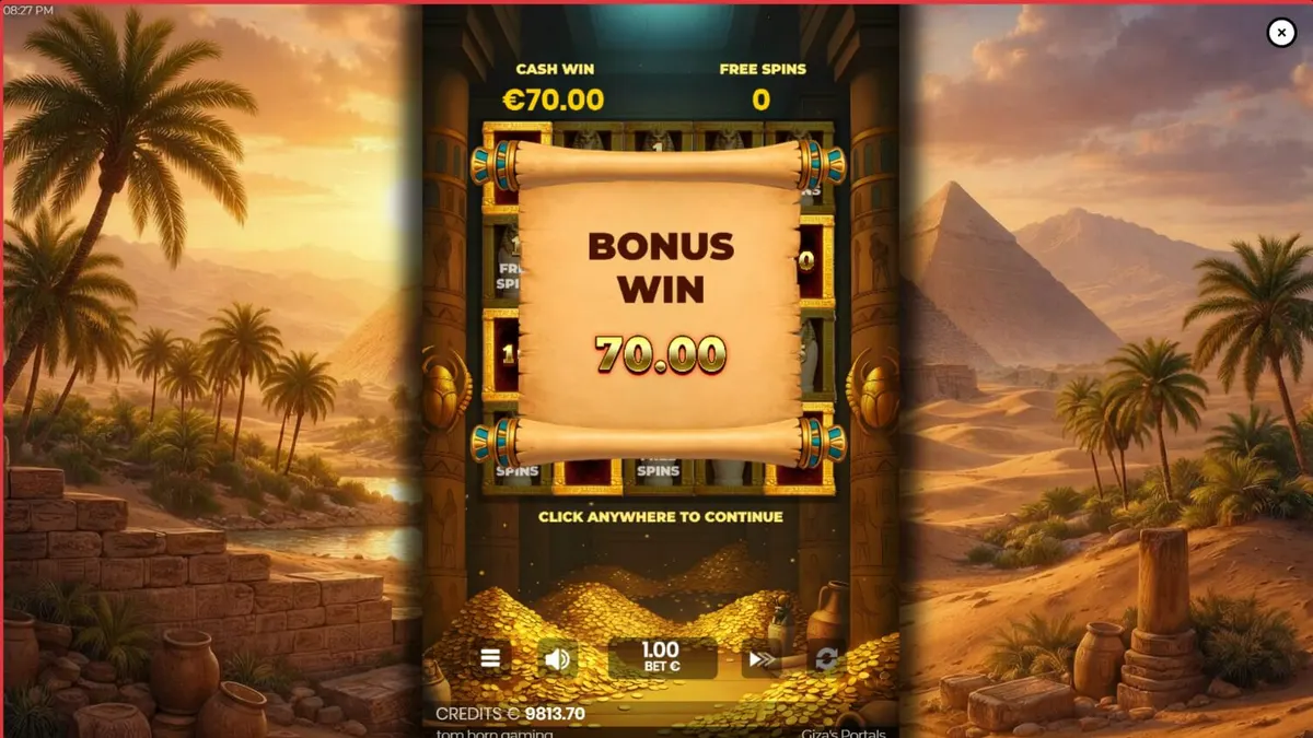 Cena atmosférica do jogo de slot Giza's Portals com pirâmides e deuses egípcios