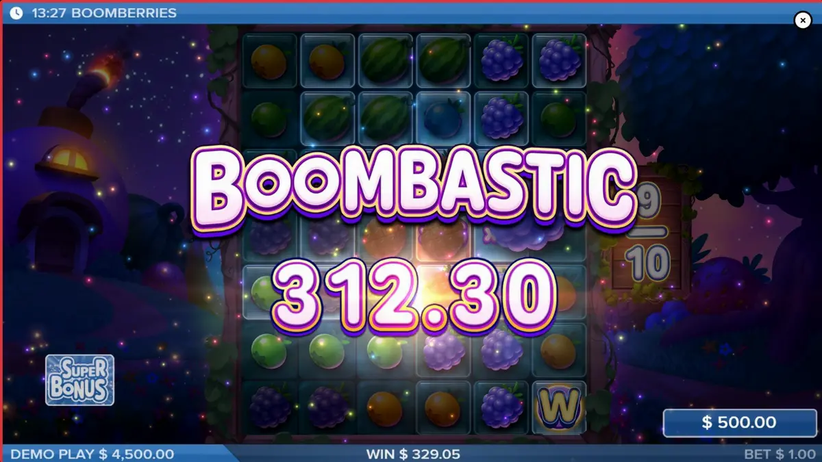 Interface colorida e vibrante do slot Boomberries com frutas gigantes e elementos de fantasia